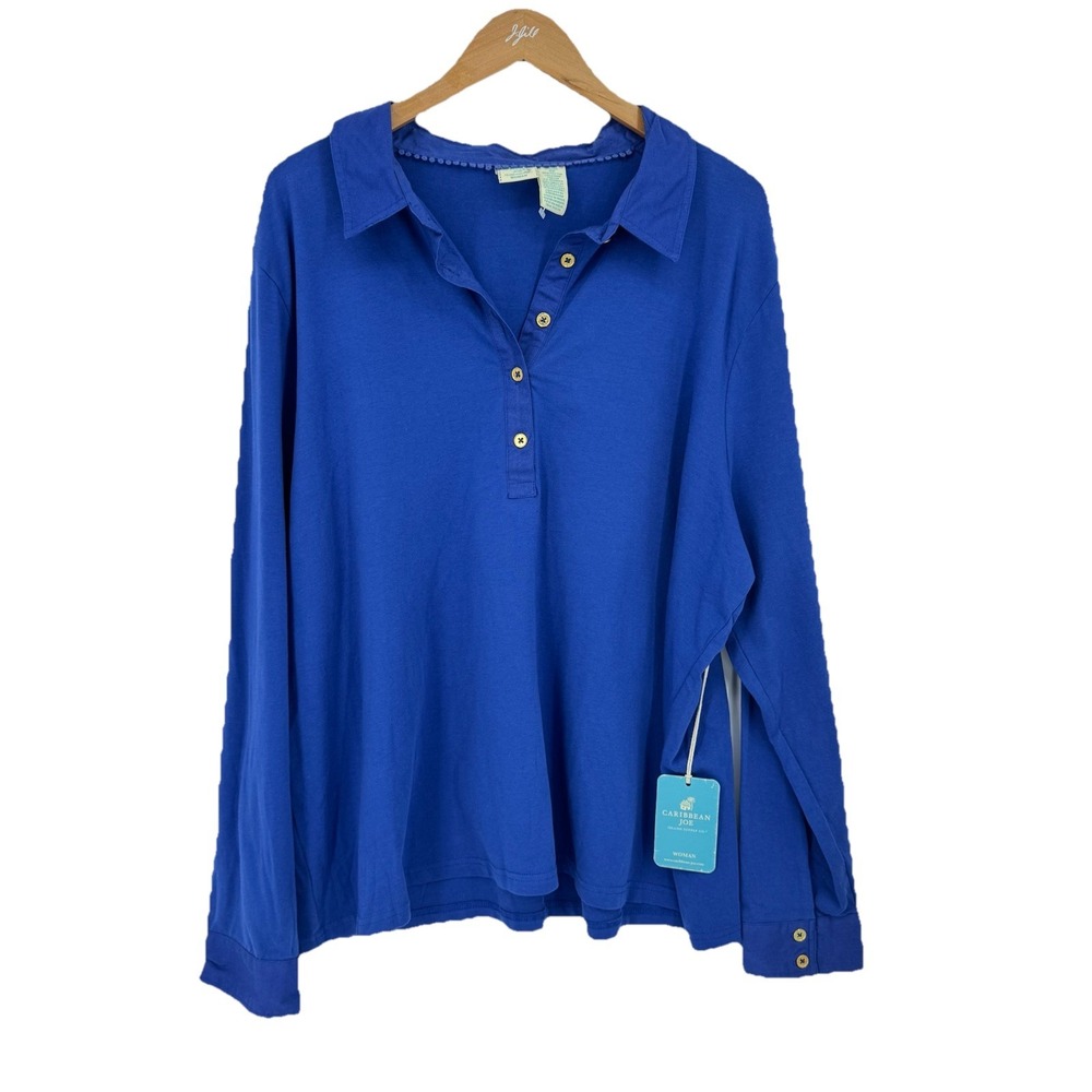 Caribbean Joe Long Sleeve Polo Top Shirt Women's Size 2x NEW Jersey Stretch Work